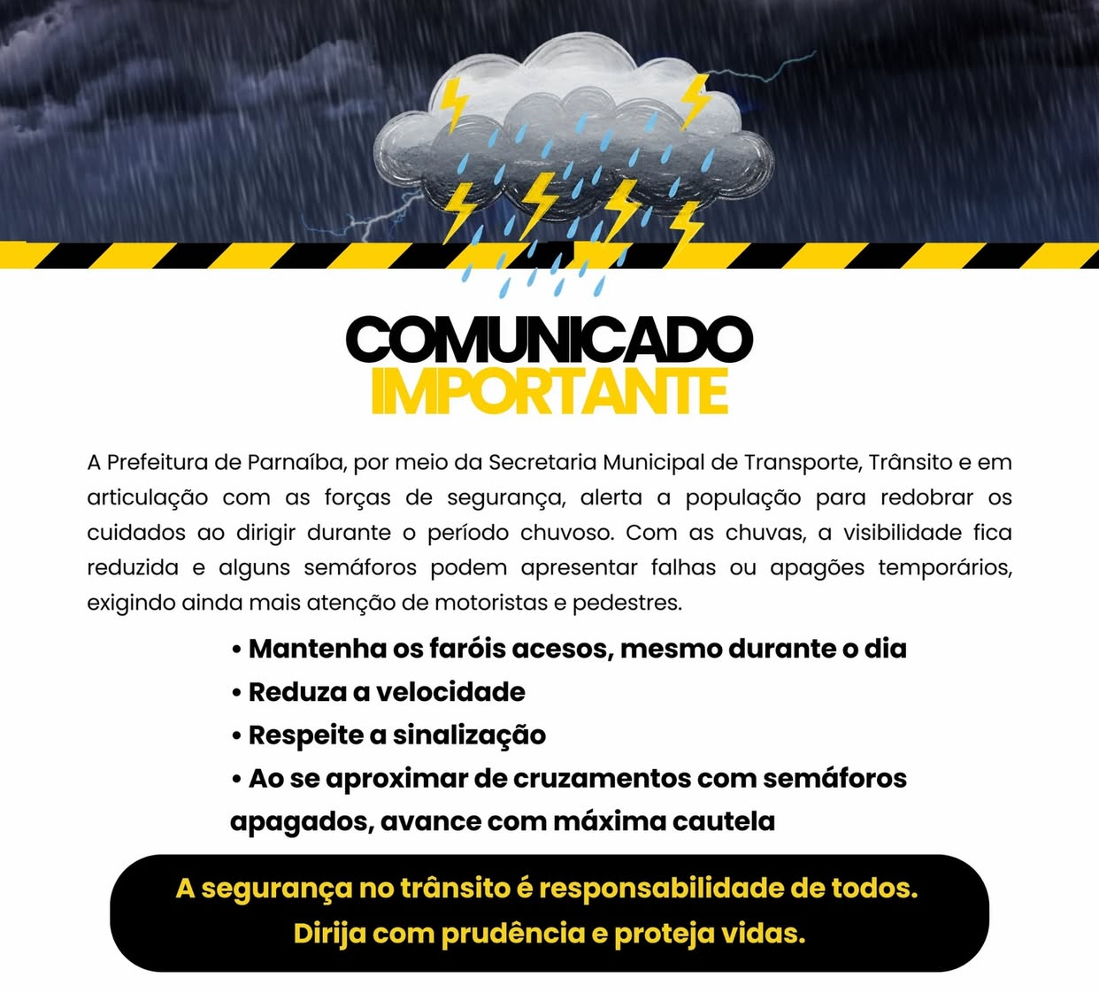 Prefeitura de Parnaíba reforça alerta sobre cuidados no trânsito no período chuvoso